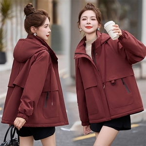 加绒加厚派克棉服女2024冬季新款宽松休闲连帽保暖工装风棉衣外套