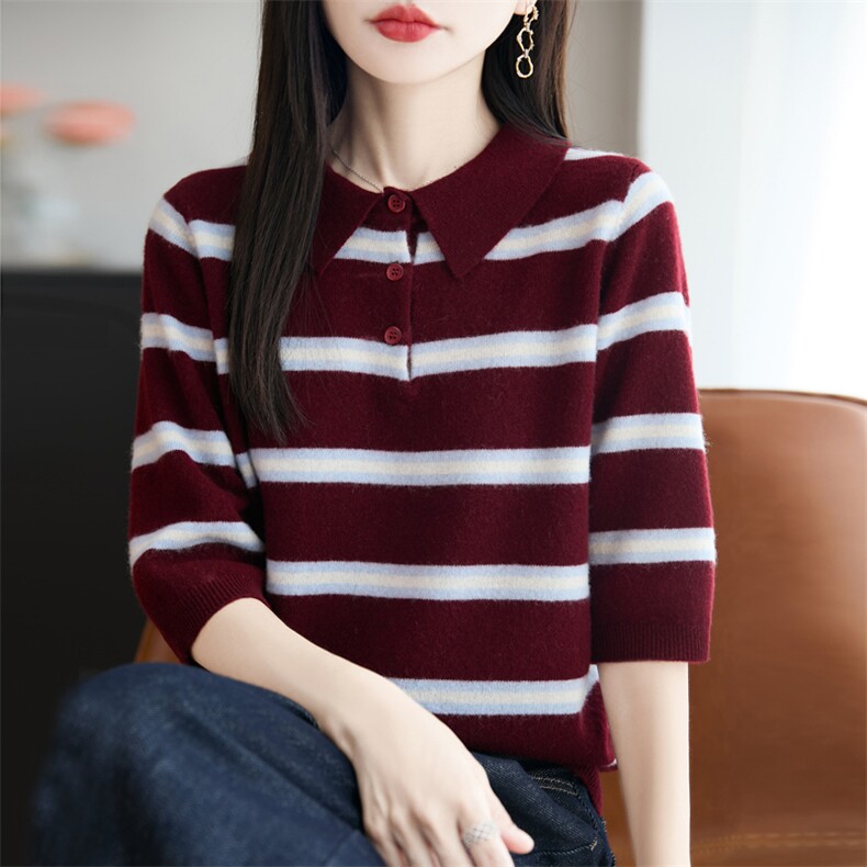 100%纯羊毛衫女Polo领五分袖拼色毛衣翻领条纹套头针织打底衫,女装羊毛衫,大美人包芯纱店