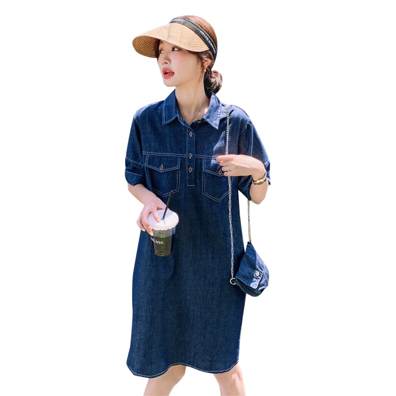 夏季A字裙高腰立领中长裙连衣裙时尚显瘦牛仔裙复古气质小个子,女装连衣裙,2C129