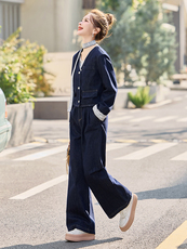 牛仔套装女2025春秋新款时髦气质韩系设计感气质炸街阔腿裤两件套，女装套装/套裙，E百度