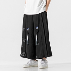 夏季改良汉服复古阔腿裤飘带乱麻古风裙裤仙鹤宋裤情侣K236/P85，男装民族服装，钱塘713