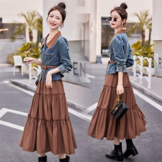 套装女2024春季新款时尚休闲牛仔上衣单排扣中长款连衣裙，女装连衣裙，天丝秀