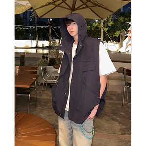 8XL-M四季工装外套街头机能口袋连帽防水无袖马甲坎肩JK1316P78