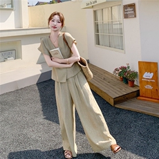 2025年夏季新款法式时尚设计感V领短袖马甲阔腿裤休闲套装女，女装套装/套裙，2C159