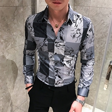 2021春秋男衬衫英伦长袖上衣印花男装韩版修身四季花色衬衣H493-P55，男装衬衫，星座419（原A233）