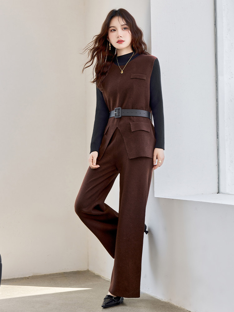主推跑量现货！秋季新款时尚洋气设计感圆领显瘦百搭三件套裤女,女装套装/套裙,央宝儿