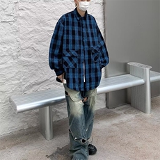 高街潮刺绣格子衬衫男高级感小众宽松休闲情侣款防晒衬衣潮，男装衬衫，星座716-4