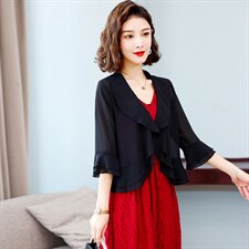 春夏雪纺小披肩开衫搭配裙子防晒衫大码百搭短款荷叶边外搭外套女，女装蕾丝衫/雪纺衫，婵米儿