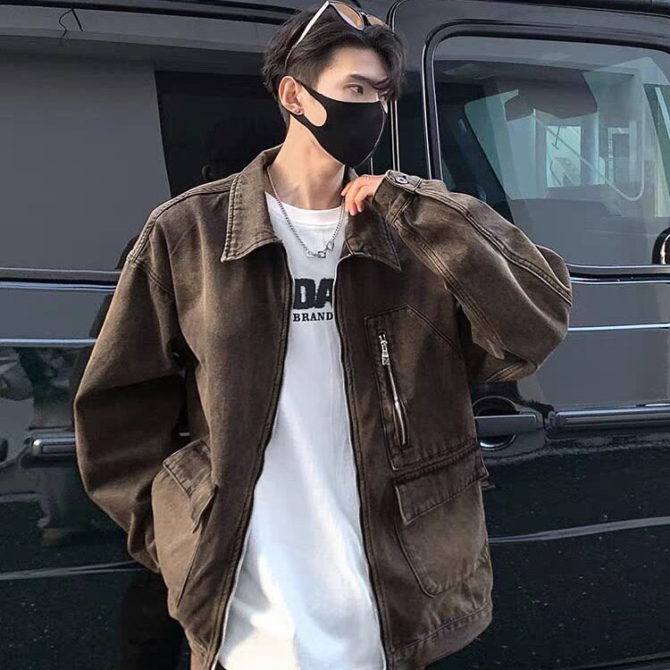 美式复古牛仔外套男士2026新款街头潮流做旧口袋工装风夹克上,男装工装外套,星座218-1（原230）
