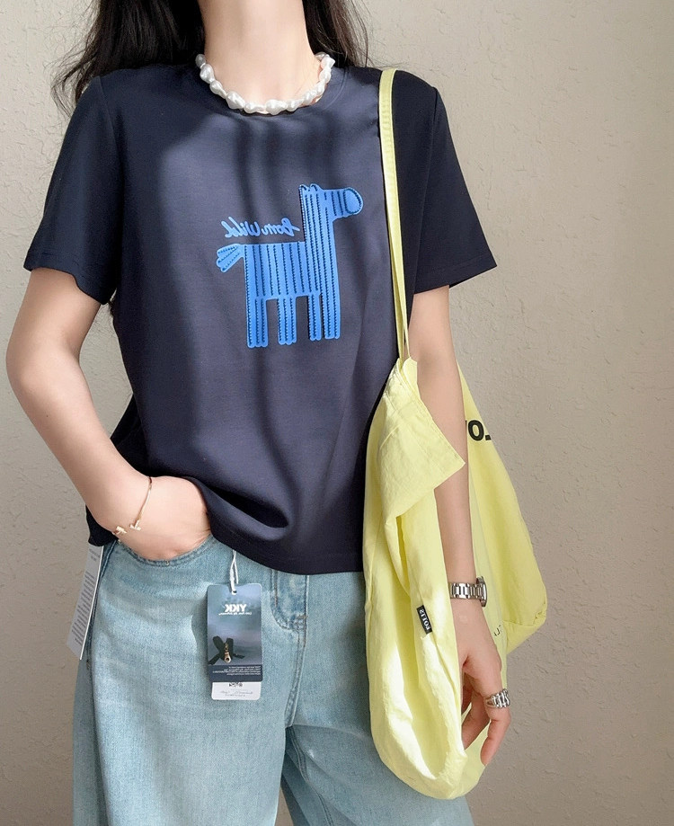 新疆液氨长绒棉萌趣减龄彩虹小马刺绣T恤短袖上衣,女装T恤,湘姗