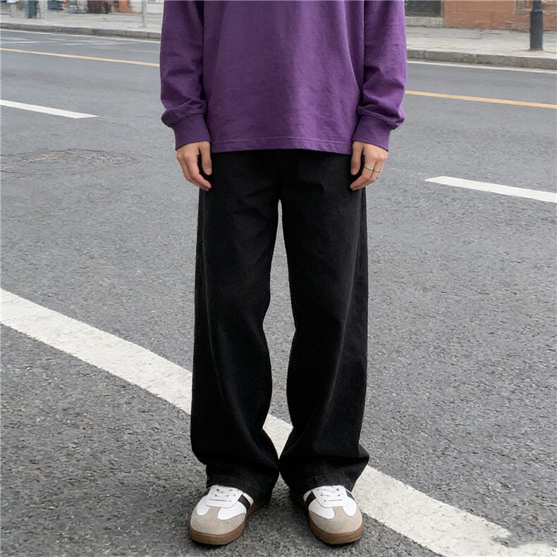 米白色纯棉裤子男生日系穿搭高级感阔腿裤宽松百搭休闲裤YZ31-P45，男装棉裤，星座509