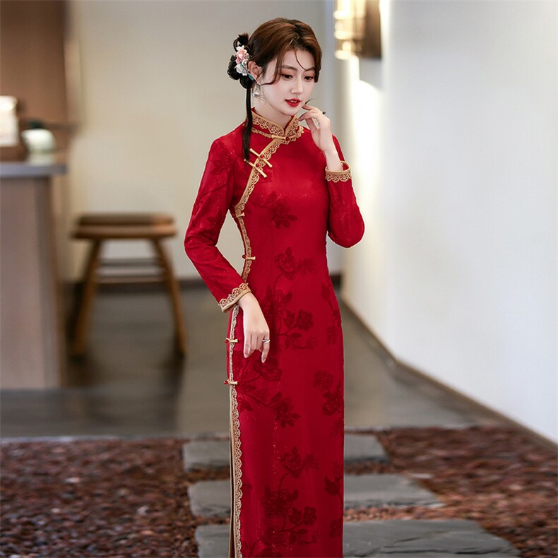 新风立领加绒针织提花长款花边旗袍823P165,女装汉服/婚纱/旗袍/礼服,乐衣轩