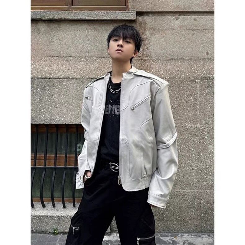 黑色皮衣外套男女潮美式复古短款痞帅廓形机车服夹克-PY835-p83,男装皮衣,星座601-1