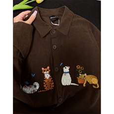 灯芯绒美式复古潮牌学院风猫咪刺绣百搭休闲长袖衬衫上衣男女百搭，男装衬衫，星座601-1