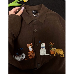 灯芯绒美式复古潮牌学院风猫咪刺绣百搭休闲长袖衬衫上衣男女百搭图片