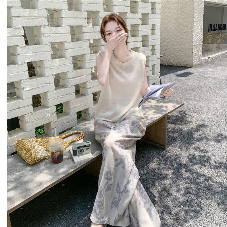 松弛感慵懒风两件套女2025夏新款休闲时尚针织背心印花阔腿裤套装,女装套装/套裙,2C166