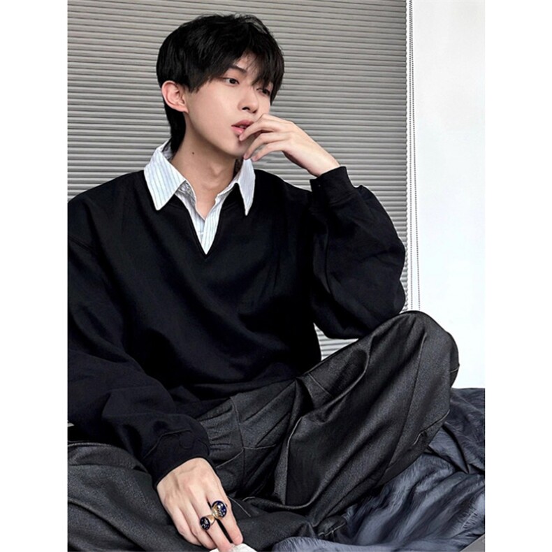 条纹衬衫领假两件卫衣男款高级感V领Polo衫秋季学院风外套W208,男装Polo衫,星座1116A（原606A-3）