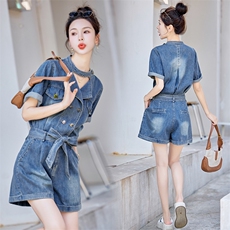 牛仔连体裤女2025夏新款小个子设计感时髦系带休闲宽松连体短裤，女装连体裤，慧尚依恋