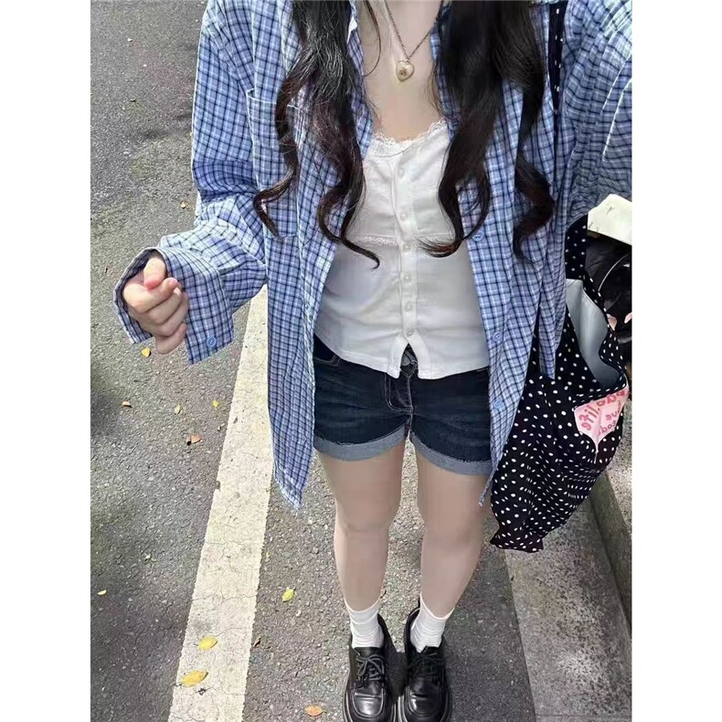 韩系松弛感格子衬衫女叠穿单穿宽松遮肉长袖开衫衬衣外穿休闲上衣,男装衬衫,星座1210-1