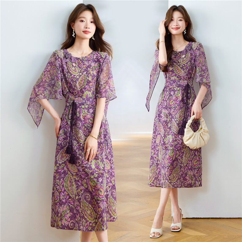 优雅气质贵夫人印花连衣裙女2025夏季薄款收腰显瘦女人味绝美裙子，女装连衣裙，布芭啦