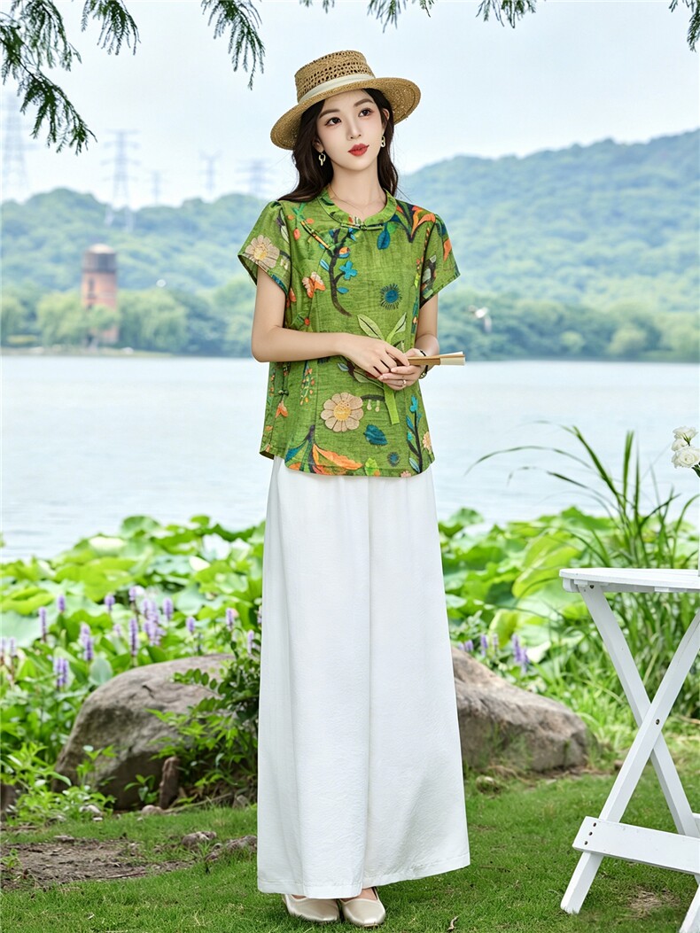 现货！夏季套装2026新款松弛感新中式盘扣上衣服女两件套端庄大气,女装套装/套裙,衣之秀