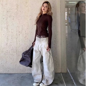 白色脏脏牛仔裤女春秋新款宽松直筒裤高腰显瘦垂感阔腿长裤图片