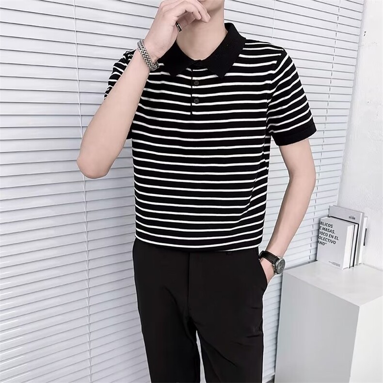 夏季薄款黑白条纹短袖polo衫男款修身透气男士韩版针织衫 TM20图片
