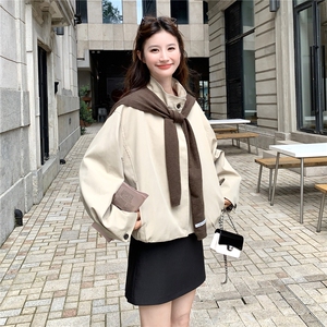 卡其色简约风立领短款外套女2025时尚披肩小个子洋气百搭夹克上衣图片