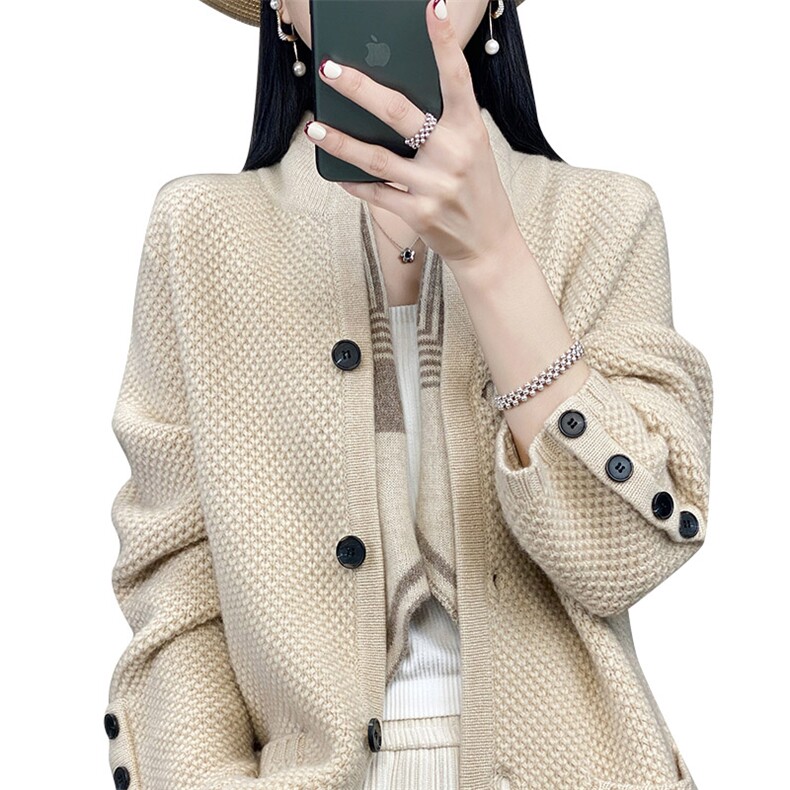 秋冬季100羊毛休闲气质通勤时尚个性袖口扣子开衫外套,女装羊毛衫,鸿陌羊绒