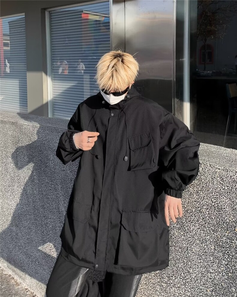春秋季山系户外冲锋衣外套男女潮牌宽松工装夹克衫黑色连帽多口袋,男装夹克,星座601-2