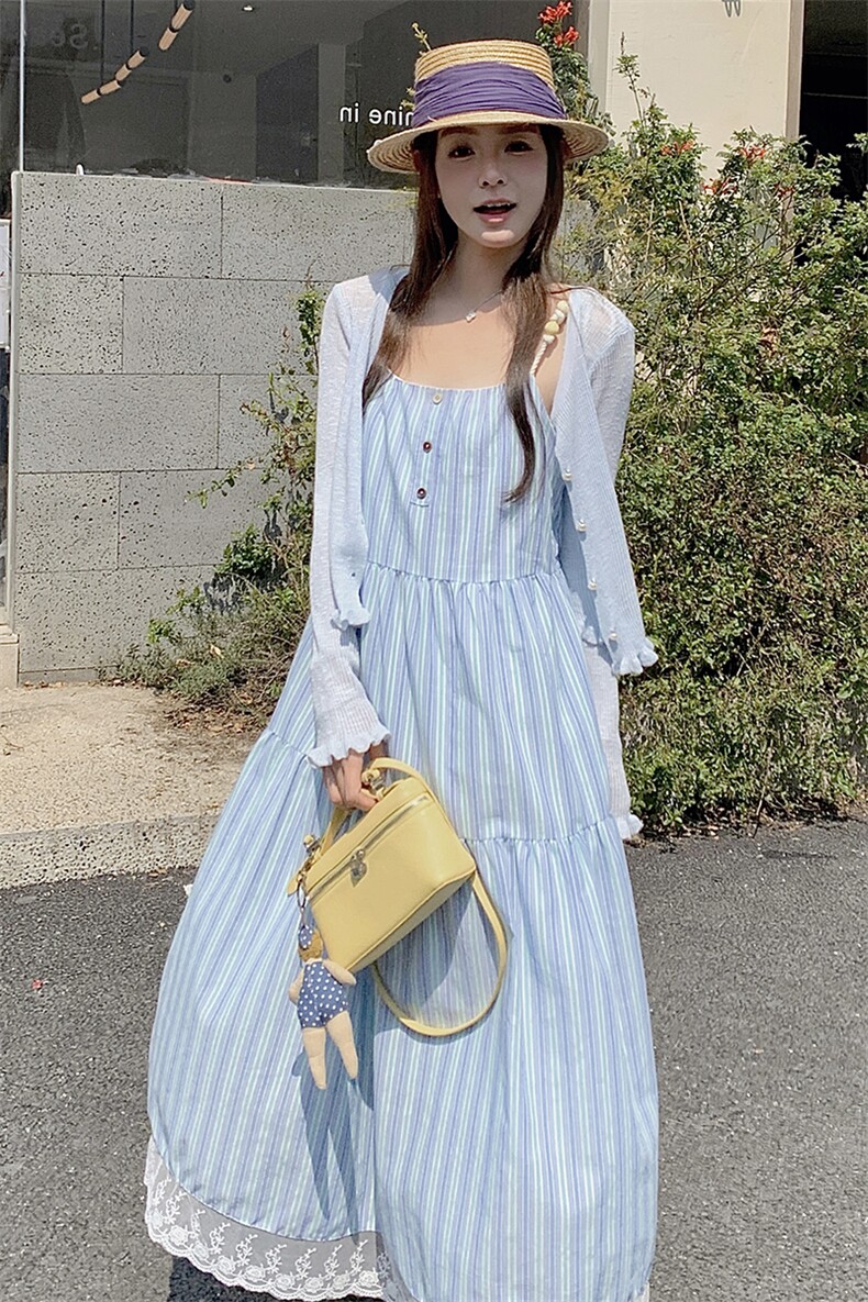 【新款】25夏季兰色竖条纹度假风两件套L602-P165-K228,女装连衣裙,2C317