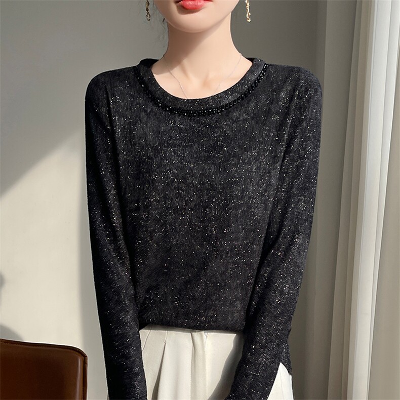 亮丝闪闪！圆领钉珠感打底衫女春秋新款洋气针织2025内搭宽松毛衣，女装卫衣/绒衫，圣丽羊绒