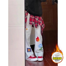 抖音得物高品质秋冬季重磅花卉刺绣潮流运动宽松加绒直筒休闲卫裤，男装休闲裤，电商A486