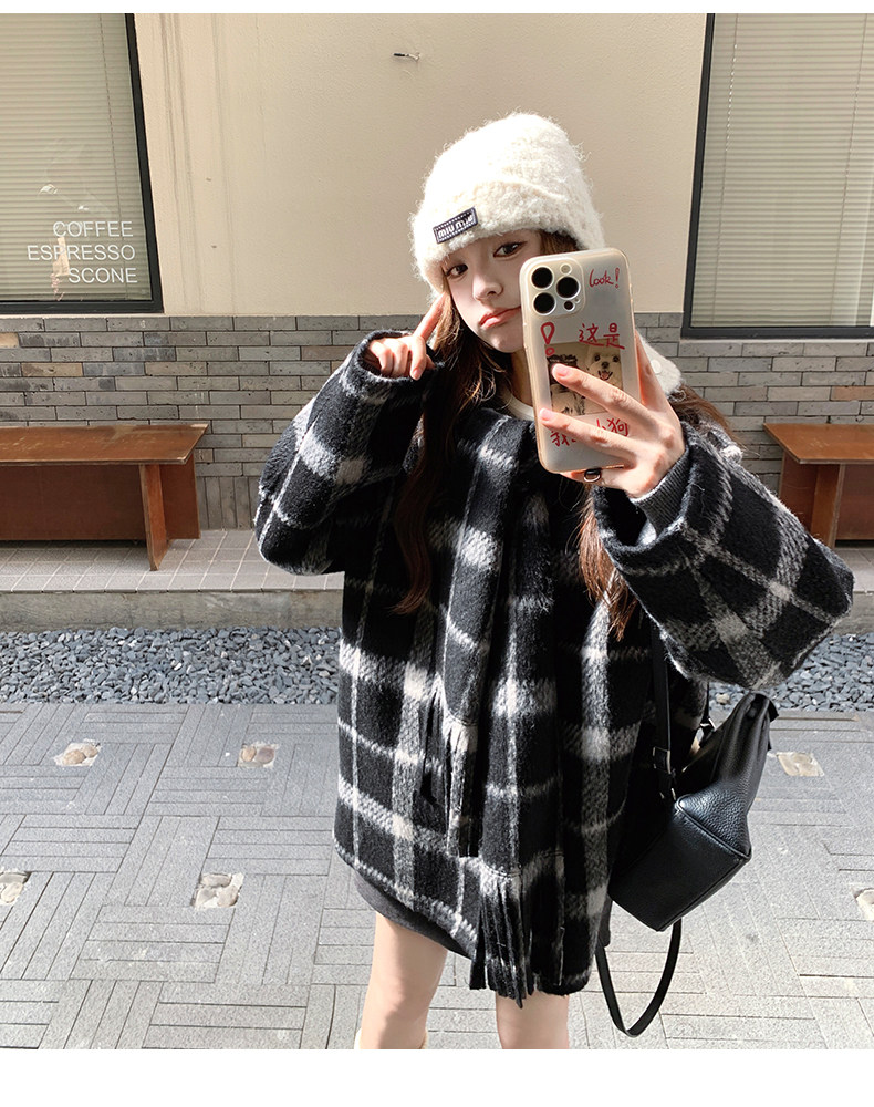 复古格纹连帽中长款呢大衣女秋冬今年流行款毛呢外套图片