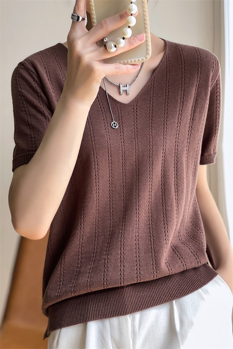 100%纯棉针织镂空短袖女V领2022夏新款宽松打底针织衫百搭T恤上衣,女装T恤,琳尚羊绒
