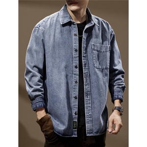 高级感简约蓝色牛仔夹克男士2025秋季新款宽松大码工装衬衣外套男图片