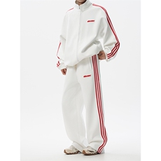 8XL-M条纹撞色开衫新年红卫衣运动套装潮牌运动服校园风TZ114P118，男装休闲套装，电商D206-1