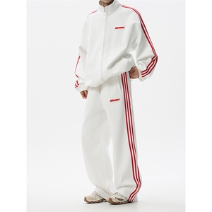 8XL-M条纹撞色开衫新年红卫衣运动套装潮牌运动服校园风TZ114P118图片