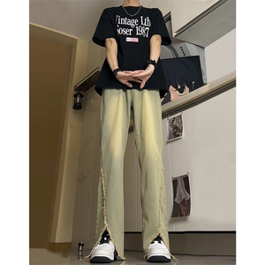现货 24春夏黄泥开叉毛边宽松牛仔裤设计感微喇休闲裤男K5803-P55图片