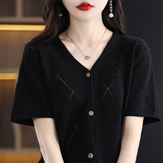 夏季新款纯棉短袖开衫女宽松V领镂空T恤百搭显瘦针织棉麻半袖上衣，女装针织衫/毛衣，斯美雅电商供货