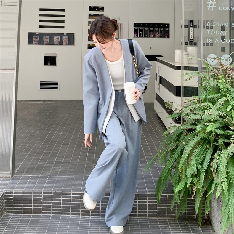 已做货！蓝色通勤休闲V领拼接假两件套装2C212-G212-P195-K318,女装套装/套裙,2C212