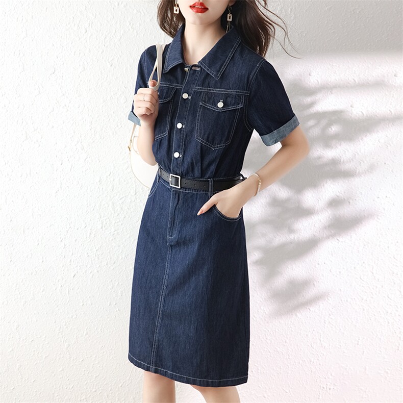 薄款牛仔衬衫连衣裙女2025年夏季新款气质收腰小个子短袖翻领裙子,女装连衣裙,美沁