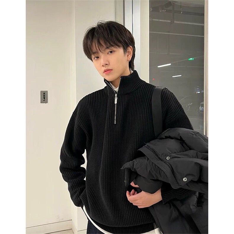 抖音得物保暖立领拉链针织外套秋冬宽松慵懒风纯色毛衣上衣AM01,男装针织衫/毛衣,电商A443