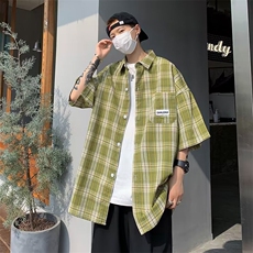 夏季宽松休闲短袖衬衫男款日系潮牌ins格子衬衫外套C87-P36，男装衬衫，星座1109-3