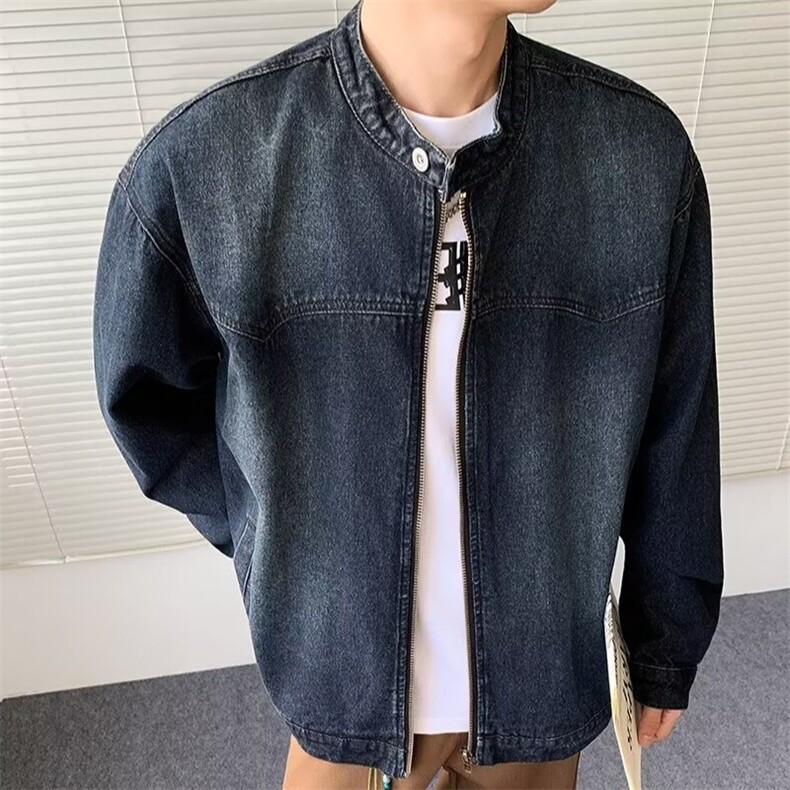 得物品质秋款男牛仔夹克衫渐变色立领拉链拼接外套JK1037P80,男装工装外套,星座1013-1