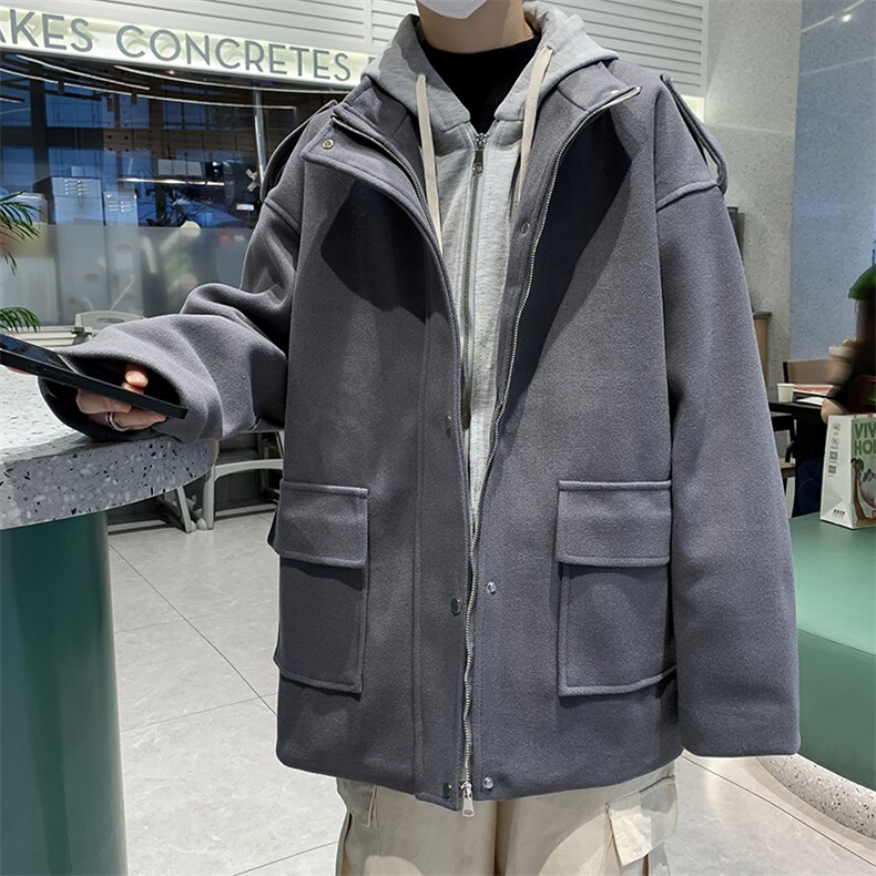 秋冬男假两件连帽大衣工装大口袋织带单排扣风衣外套DY303P80，男装风衣，星座1013-1