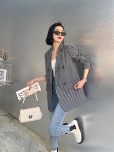 【现货】春装新款 韩版阔版黑白格休闲西装图片