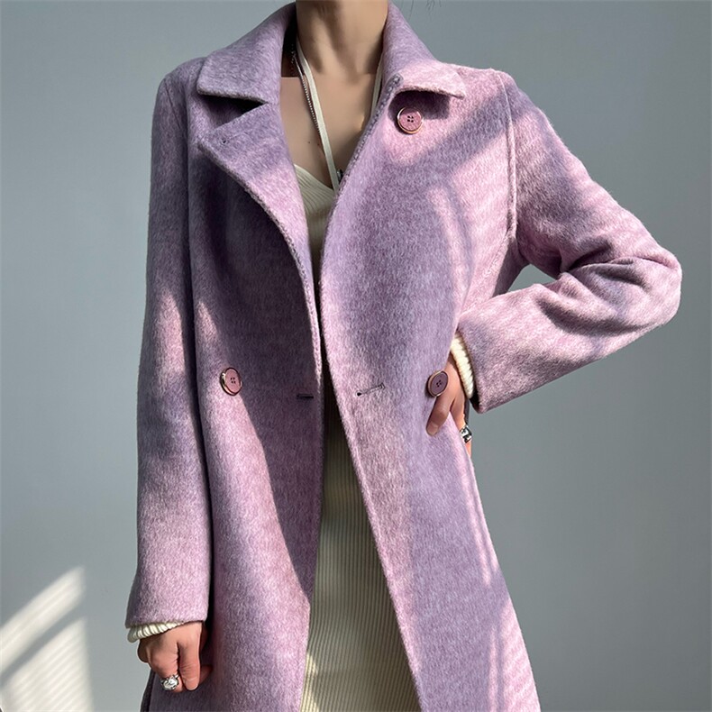 冬季加厚款~修身羊驼绒双面羊绒大衣女长款显瘦正品紫色毛呢外套6，女装双面呢大衣，蒙绒特