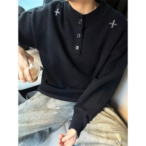 老钱风黑色亨利领毛衣男秋冬美式复古慵懒风刺绣针织衫内搭打底衫图片
