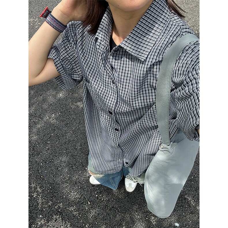 格子衬衫春夏美式短袖衬衫港风情侣装休闲衬衣 CS286-P30图片